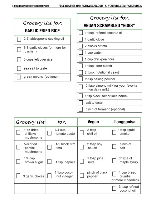grocery list for longsilog